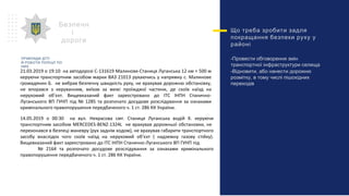 Що треба зробити задля
покращання безпеки руху у
районі
-Провести обговорення змін
транспортної інфраструктури селища
-Відновити, або нанести дорожню
розмітку, в тому числі пішохідних
переходів
Безпечн
і
дороги
21.03.2019 о 19:10 на автодорозі С-131619 Малинове-Станиця Луганська 12 км + 500 м
керуючи транспортним засобом марки ВАЗ 21013 рухаючись у напрямку с. Малинове
громадянин Б. не вибрав безпечну швидкість руху, не врахував дорожню обстановку,
не впорався з керуванням, виїхав за межі проїжджої частини, де скоїв наїзд на
нерухомий об’єкт. Вищевказаний факт зареєстровано до ІТС ІНПН Станично-
Луганського ВП ГУНП під № 1285 та розпочато досудове розслідування за ознаками
кримінального правопорушення передбаченого ч. 1 ст. 286 КК України.
ПРИКЛАДИ ДТП
Й РОБОТИ ПОЛІЦІЇ ПО
НИХ
14.05.2019 о 00:30 на вул. Некрасова смт. Станиця Луганська водій Х. керуючи
транспортним засобом MERCEDES-BENZ-1324L не врахував дорожньої обстановки, не
переконався в безпеці маневру (рух заднім ходом), не врахував габарити транспортного
засобу внаслідок чого скоїв наїзд на нерухомий об’єкт ( надземну газову стійку).
Вищевказаний факт зареєстровано до ІТС ІНПН Станично-Луганського ВП ГУНП під
№ 2164 та розпочато досудове розслідування за ознаками кримінального
правопорушення передбаченого ч. 1 ст. 286 КК України.
 