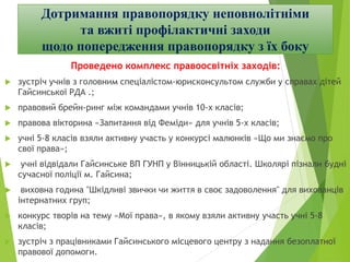 Проведено комплекс правоосвітніх заходів:
 зустріч учнів з головним спеціалістом-юрисконсультом служби у справах дітей
Гайсинської РДА .;
 правовий брейн-ринг між командами учнів 10-х класів;
 правова вікторина «Запитання від Феміди» для учнів 5-х класів;
 учні 5-8 класів взяли активну участь у конкурсі малюнків «Що ми знаємо про
свої права»;
 учні відвідали Гайсинське ВП ГУНП у Вінницькій області. Школярі пізнали будні
сучасної поліції м. Гайсина;
 виховна година "Шкідливі звички чи життя в своє задоволення" для вихованців
інтернатних груп;
 конкурс творів на тему «Мої права», в якому взяли активну участь учні 5-8
класів;
 зустріч з працівниками Гайсинського місцевого центру з надання безоплатної
правової допомоги.
Дотримання правопорядку неповнолітніми
та вжиті профілактичні заходи
щодо попередження правопорядку з їх боку
 