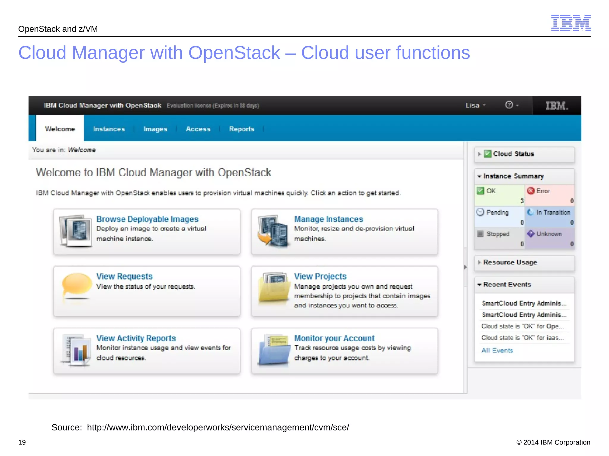 OpenStack and z/VM 
Cloud Manager with OpenStack – Cloud user functions 
Source: http://www.ibm.com/developerworks/servicemanagement/cvm/sce/ 
© 2014 19 IBM Corporation 
 