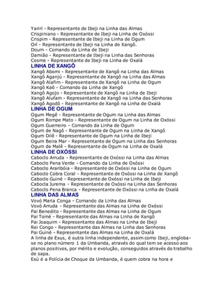 Yarirí - Representante de Ibeji na Linha das Almas
Crispiniano - Representante de Ibeji na Linha de Oxóssi
Crispim - Representante de Ibeji na Linha de Ogum
Orí - Representante de Ibeji na Linha de Xangô.
Doum - Comando da Linha de Ibeji
Damião - Representante de Ibeji na Linha das Senhoras
Cosme - Representante de Ibeji na Linha de Oxalá
LINHA DE XANGÔ
Xangô Abomi - Representante de Xangô na Linha das Almas
Xangô Aganjú - Representante de Xangô na Linha das Almas
Xangô Alafim - Representante de Xangô na Linha de Ogum
Xangô Kaô - Comando da Linha de Xangô
Xangô Agojo - Representante de Xangô na Linha de Ibeji
Xangô Alufam - Representante de Xangô na Linha das Senhoras
Xangô Agodô - Representante de Xangô na Linha de Oxalá
LINHA DE OGUM
Ogum Megê - Representante de Ogum na Linha das Almas
Ogum Rompe Mato - Representante de Ogum na Linha de Oxóssi
Ogum Guerreiro - Comando da Linha de Ogum
Ogum de Nagô - Representante de Ogum na Linha de Xangô
Ogum Dilê - Representante de Ogum na Linha de Ibeji
Ogum Beira Mar - Representante de Ogum na Linha das Senhoras
Ogum de Malê - Representante de Ogum na Linha de Oxalá
LINHA DE OXÓSSI
Caboclo Arruda - Representante de Oxóssi na Linha das Almas
Caboclo Pena Verde - Comando da Linha de Oxóssi
Caboclo Araribóia - Representante de Oxóssi na Linha de Ogum
Caboclo Cobra Coral - Representante de Oxóssi na Linha de Xangô
Caboclo Guiné - Representante de Oxóssi na Linha de Ibeji
Cabocla Jurema - Representante de Oxóssi na Linha das Senhoras
Caboclo Pena Branca - Representante de Oxóssi na Linha de Oxalá
LINHA DAS ALMAS
Vovó Maria Conga - Comando da Linha das Almas
Vovó Arruda - Representante das Almas na Linha de Oxóssi
Pai Benedito - Representante das Almas na Linha de Ogum
Pai Tomé - Representante das Almas na Linha de Xangô
Pai Joaquim - Representante das Almas na Linha de Ibeji
Rei Congo - Representante das Almas na Linha das Senhoras
Pai Guiné - Representante das Almas na Linha de Oxalá
A linha de Exus, é outra linha independente, assim como Ibeji, engloba-
se no plano número 1 da Umbanda, através do qual tem se acesso aos
planos positivos, por mérito e evolução, conseguidos através do trabalho
de sapa.
Exú é a Polícia de Choque da Umbanda, é quem cobra na hora e
 