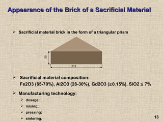 1313
 Sacrificial material brick in the form of a triangular prism
 Sacrificial material composition:
Fe2O3 (65-70%), Al2O3 (28-30%), Gd2O3 (≥0.15%), SiO2 ≤ 7%
 Manufacturing technology:
 dosage;
 mixing;
 pressing;
 sintering.
Appearance of theAppearance of the Brick of a Sacrificial MaterialBrick of a Sacrificial Material
213
50
 