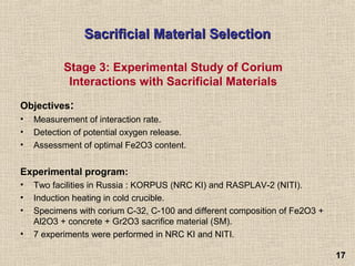 1717
Sacrificial Material SelectionSacrificial Material Selection
Objectives:
• Measurement of interaction rate.
• Detection of potential oxygen release.
• Assessment of optimal Fe2O3 content.
Experimental program:
• Two facilities in Russia : KORPUS (NRC KI) and RASPLAV-2 (NITI).
• Induction heating in cold crucible.
• Specimens with corium C-32, C-100 and different composition of Fe2O3 +
Al2O3 + concrete + Gr2O3 sacrifice material (SM).
• 7 experiments were performed in NRC KI and NITI.
Stage 3: Experimental Study of Corium
Interactions with Sacrificial Materials
 
