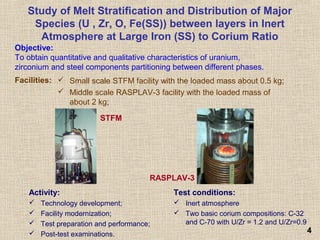 44
Study of Melt Stratification and Distribution of Major
Species (U , Zr, O, Fe(SS)) between layers in Inert
Atmosphere at Large Iron (SS) to Corium Ratio
Test conditions:
 Inert atmosphere
 Two basic corium compositions: C-32
and C-70 with U/Zr = 1.2 and U/Zr=0.9
 Small scale STFM facility with the loaded mass about 0.5 kg;
 Middle scale RASPLAV-3 facility with the loaded mass of
about 2 kg;
Objective:
To obtain quantitative and qualitative characteristics of uranium,
zirconium and steel components partitioning between different phases.
Activity:
 Technology development;
 Facility modernization;
 Test preparation and performance;
 Post-test examinations.
STFM
RASPLAV-3
Facilities:
 