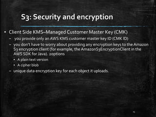 S3: Security and encryption
25
▪ Client Side KMS–Managed Customer Master Key (CMK)
– you provide only an AWS KMS customer master key ID (CMK ID)
– you don't have to worry about providing any encryption keys to the Amazon
S3 encryption client (for example, the AmazonS3EncryptionClient in the
AWS SDK for Java). 2options
▪ A plain text version
▪ A cipher blob
– unique data encryption key for each object it uploads.
 