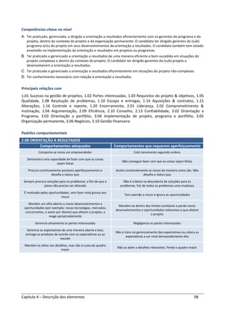 Capítulo 4 – Descrição dos elementos 98
Competências-chave no nível
A. Ter praticado, gerenciado, e dirigido a orientação a resultados eficientemente com os gerentes do programa e do
projeto, dentro do contexto do projeto e da organização permanente. O candidato ter dirigido gerentes do (sub)
programa e/ou do projeto em seus desenvolvimentos da orientação a resultados. O candidato também tem estado
envolvido na implementação da orientação a resultados em projetos ou programas.
B. Ter praticado e gerenciado a orientação a resultados de uma maneira eficiente e bem-sucedida em situações do
projeto complexas e dentro do contexto do projeto. O candidato ter dirigido gerentes do (sub) projeto a
desenvolverem a orientação a resultados.
C. Ter praticado e gerenciado a orientação a resultados eficientemente em situações do projeto não-complexas.
D. Ter conhecimento necessário com relação à orientação a resultados.
Principais relações com
1.01 Sucesso na gestão de projetos, 1.02 Partes interessadas, 1.03 Requisitos do projeto & objetivos, 1.05
Qualidade, 1.08 Resolução de problemas, 1.10 Escopo e entregas, 1.14 Aquisições & contratos, 1.15
Alterações, 1.16 Controle e reporte, 1.20 Encerramento, 2.01 Liderança, 2.02 Comprometimento &
motivação, 2.04 Argumentação, 2.09 Eficiência, 2.10 Conselho, 2.13 Confiabilidade, 3.02 Orientação a
Programa, 3.03 Orientação a portfólio, 3.04 Implementação de projeto, programa e portfólio, 3.05
Organização permanente, 3.06 Negócios, 3.10 Gestão financeira
Padrões comportamentais
2.08 ORIENTAÇÃO A RESULTADOS
Comportamentos adequados Comportamentos que requerem aperfeiçoamento
Comporta-se como um empreendedor Está meramente seguindo ordens
Demonstra uma capacidade de fazer com que as coisas
sejam feitas
Não consegue fazer com que as coisas sejam feitas
Procura continuamente possíveis aperfeiçoamentos e
desafia o status quo
Aceita constantemente as coisas da maneira como são. Não
desafia o status quo
Sempre procura soluções para os problemas, a fim de que o
plano não precise ser alterado
Não é criativo na descoberta de soluções para os
problemas. Faz de todos os problemas uma mudança
É motivado pelas oportunidades, sem fazer vista grossa aos
riscos
Tem aversão a riscos e ignora as oportunidades
Mantém um olho aberto a novos desenvolvimentos e
oportunidades (por exemplo: novas tecnologias, mercados,
concorrentes, e assim por diante) que afetem o projeto, e
reage apropriadamente
Mantém-se dentro dos limites aceitáveis e perde novos
desenvolvimentos e oportunidades relevantes e que afetam
o projeto
Gerencia ativamente as partes interessadas Negligencia as partes interessadas
Gerencia as expectativas de uma maneira aberta e boa;
entrega os produtos de acordo com as expectativas ou as
excede
Não é claro no gerenciamento das expectativas ou coloca as
expectativas a um nível demasiadamente alto
Mantém os olhos nos detalhes, mas não à custa do quadro
maior
Não se atém a detalhes relevantes. Perde o quadro maior
 