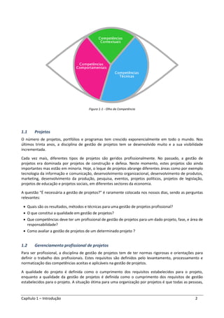Capítulo 1 – Introdução 2
Figura 1-1 - Olho da Competência
1.1 Projetos
O número de projetos, portfólios e programas tem crescido exponencialmente em todo o mundo. Nos
últimos trinta anos, a disciplina de gestão de projetos tem se desenvolvido muito e a sua visibilidade
incrementada.
Cada vez mais, diferentes tipos de projetos são geridos profissionalmente. No passado, a gestão de
projetos era dominada por projetos de construção e defesa. Neste momento, estes projetos são ainda
importantes mas estão em minoria. Hoje, o leque de projetos abrange diferentes áreas como por exemplo
tecnologia da informação e comunicação, desenvolvimento organizacional, desenvolvimento de produtos,
marketing, desenvolvimento da produção, pesquisa, eventos, projetos políticos, projetos de legislação,
projetos de educação e projetos sociais, em diferentes sectores da economia.
A questão “É necessária a gestão de projetos?” é raramente colocada nos nossos dias, sendo as perguntas
relevantes:
• Quais são os resultados, métodos e técnicas para uma gestão de projetos profissional?
• O que constitui a qualidade em gestão de projetos?
• Que competências deve ter um profissional de gestão de projetos para um dado projeto, fase, e área de
responsabilidade?
• Como avaliar a gestão de projetos de um determinado projeto ?
1.2 Gerenciamento profissional de projetos
Para ser profissional, a disciplina de gestão de projetos tem de ter normas rigorosas e orientações para
definir o trabalho dos profissionais. Estes requisitos são definidos pelo levantamento, processamento e
normatização das competências aceitas e aplicáveis na gestão de projetos.
A qualidade do projeto é definida como o cumprimento dos requisitos estabelecidos para o projeto,
enquanto a qualidade da gestão de projetos é definida como o cumprimento dos requisitos de gestão
estabelecidos para o projeto. A situação ótima para uma organização por projetos é que todas as pessoas,
 