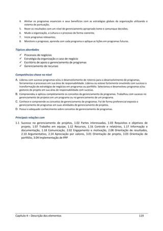 Capítulo 4 – Descrição dos elementos 119
4. Alinhar os programas essenciais e seus benefícios com as estratégias globais da organização utilizando o
sistema de pontuação;
5. Rever os resultados com um nível de gerenciamento apropriado tome e comunique decisões;
6. Mude a organização, a cultura e o processo de forma coerente;
7. Inicie programas relevantes;
8. Monitore o progresso, aprenda com cada programa e aplique as lições em programas futuros.
Tópicos abordados
Processos de negócios
Estratégia da organização e caso de negócio
Escritório de apoio o gerenciamento de programas
Gerenciamento de recursos
Competências-chave no nível
A. Liderou com sucesso programas e/ou o desenvolvimento de roteiros para o desenvolvimento de programas,
ferramentas e processos em sua área de responsabilidade. Liderou ou esteve fortemente envolvido com sucesso a
transformação de estratégias de negócios em programas ou portfólio. Selecionou e desenvolveu programas e/ou
gestores de projeto em sua área de responsabilidade com sucesso.
B. Compreendeu e aplicou completamente os conceitos de gerenciamento de programas. Trabalhou com sucesso no
gerenciamento de projetos em um programa ou no gerenciamento de um programa.
C. Conhece e compreende os conceitos de gerenciamento de programas. Foi de forma preferencial exposto o
gerenciamento de programas em suas atividades de gerenciamento de projetos.
D. Possui o adequado conhecimento sobre conceitos de gerenciamento de programas.
Principais relações com
1.1 Sucesso no gerenciamento de projetos, 1.02 Partes interessadas, 1.03 Requisitos e objetivos de
projeto, 1.07 Trabalho em equipe, 1.12 Recursos, 1.16 Controle e relatórios, 1.17 Informação e
documentação, 1.18 Comunicação, 2.02 Engajamento e motivação, 2.08 Orientação de resultados,
2.10 Argumentativo, 2.14 Apreciação por valores, 3.01 Orientação de projeto, 3.03 Orientação de
portfólio, 3.04 Implementação de PPP
 