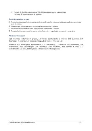 Capítulo 4 – Descrição dos elementos 125
Tomada de decisão organizacional Estratégia e das estruturas organizativas
Escritório de gerenciamento de projetos
Competências-chave no nível
A. Ter direcionado o estabelecimento de procedimentos de trabalho entre a parte da organização permanente e a
parte de projeto.
B. Ter gerenciado as interfaces entre as organizações permanentes e projetos.
C. Ter experimentado interfaces entre as organizações permanentes e projetos.
D. Ter os conhecimentos necessários quanto às interfaces entre a organização permanente e um projeto.
Principais relações com
1.03 Requisitos e objetivos de projeto, 1.04 Riscos: oportunidades e ameaças, 1.05 Qualidade, 1.06
Organização de projetos, 1.10 Escopo e entregas, 1.13 Custos e Finanças, 1.15
Mudanças, 1.17 Informação e documentação, 1.18 Comunicação, 1.19 Start-up, 1.20 Fechamento, 2.04
Assertividade, 2.05 Descontração, 2.08 Orientação para resultados, 2.12 Conflito & crise, 2.13
Confiabilidade, 2.15 Ética, 3.06 Negócios, 3.08 Gerenciamento de pessoas.
 