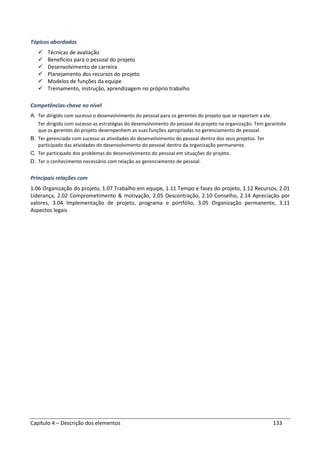 Capítulo 4 – Descrição dos elementos 133
Tópicos abordados
Técnicas de avaliação
Benefícios para o pessoal do projeto
Desenvolvimento de carreira
Planejamento dos recursos do projeto
Modelos de funções da equipe
Treinamento, instrução, aprendizagem no próprio trabalho
Competências-chave no nível
A. Ter dirigido com sucesso o desenvolvimento do pessoal para os gerentes do projeto que se reportam a ele.
Ter dirigido com sucesso as estratégias do desenvolvimento do pessoal do projeto na organização. Tem garantido
que os gerentes do projeto desempenhem as suas funções apropriadas no gerenciamento de pessoal.
B. Ter gerenciado com sucesso as atividades do desenvolvimento do pessoal dentro dos seus projetos. Ter
participado das atividades do desenvolvimento do pessoal dentro da organização permanente.
C. Ter participado dos problemas do desenvolvimento do pessoal em situações do projeto.
D. Ter o conhecimento necessário com relação ao gerenciamento de pessoal.
Principais relações com
1.06 Organização do projeto, 1.07 Trabalho em equipe, 1.11 Tempo e fases do projeto, 1.12 Recursos, 2.01
Liderança, 2.02 Comprometimento & motivação, 2.05 Descontração, 2.10 Conselho, 2.14 Apreciação por
valores, 3.04 Implementação de projeto, programa e portfólio, 3.05 Organização permanente, 3.11
Aspectos legais
 