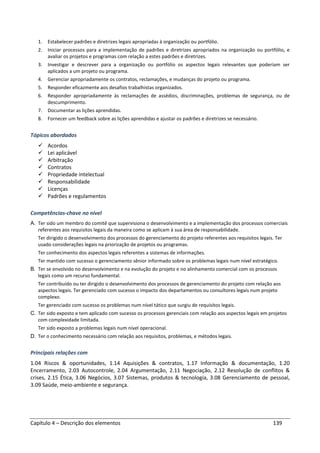 Capítulo 4 – Descrição dos elementos 139
1. Estabelecer padrões e diretrizes legais apropriadas à organização ou portfólio.
2. Iniciar processos para a implementação de padrões e diretrizes apropriados na organização ou portfólio, e
avaliar os projetos e programas com relação a estes padrões e diretrizes.
3. Investigar e descrever para a organização ou portfólio os aspectos legais relevantes que poderiam ser
aplicados a um projeto ou programa.
4. Gerenciar apropriadamente os contratos, reclamações, e mudanças do projeto ou programa.
5. Responder eficazmente aos desafios trabalhistas organizados.
6. Responder apropriadamente às reclamações de assédios, discriminações, problemas de segurança, ou de
descumprimento.
7. Documentar as lições aprendidas.
8. Fornecer um feedback sobre as lições aprendidas e ajustar os padrões e diretrizes se necessário.
Tópicos abordados
Acordos
Lei aplicável
Arbitração
Contratos
Propriedade intelectual
Responsabilidade
Licenças
Padrões e regulamentos
Competências-chave no nível
A. Ter sido um membro do comitê que supervisiona o desenvolvimento e a implementação dos processos comerciais
referentes aos requisitos legais da maneira como se aplicam à sua área de responsabilidade.
Ter dirigido o desenvolvimento dos processos do gerenciamento do projeto referentes aos requisitos legais. Ter
usado considerações legais na priorização de projetos ou programas.
Ter conhecimento dos aspectos legais referentes a sistemas de informações.
Ter mantido com sucesso o gerenciamento sênior informado sobre os problemas legais num nível estratégico.
B. Ter se envolvido no desenvolvimento e na evolução do projeto e no alinhamento comercial com os processos
legais como um recurso fundamental.
Ter contribuído ou ter dirigido o desenvolvimento dos processos de gerenciamento do projeto com relação aos
aspectos legais. Ter gerenciado com sucesso o impacto dos departamentos ou consultores legais num projeto
complexo.
Ter gerenciado com sucesso os problemas num nível tático que surgiu de requisitos legais.
C. Ter sido exposto e tem aplicado com sucesso os processos gerenciais com relação aos aspectos legais em projetos
com complexidade limitada.
Ter sido exposto a problemas legais num nível operacional.
D. Ter o conhecimento necessário com relação aos requisitos, problemas, e métodos legais.
Principais relações com
1.04 Riscos & oportunidades, 1.14 Aquisições & contratos, 1.17 Informação & documentação, 1.20
Encerramento, 2.03 Autocontrole, 2.04 Argumentação, 2.11 Negociação, 2.12 Resolução de conflitos &
crises, 2.15 Ética, 3.06 Negócios, 3.07 Sistemas, produtos & tecnologia, 3.08 Gerenciamento de pessoal,
3.09 Saúde, meio-ambiente e segurança.
 