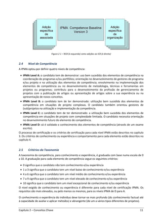 Capítulo 2 – Conceitos Chave 11
Figura 2-1 – NCB (à esquerda) como adições ao ICB (à direita)
2.4 Nível de Competência
A IPMA optou por definir quatro níveis de competência:
• IPMA Level A: o candidato tem de demonstrar: uso bem sucedido dos elementos de competência na
coordenação de programas e/ou portfólios; orientação no desenvolvimento de gestores de programa
e/ou projeto e na utilização dos elementos de competência; envolvimento na implementação dos
elementos de competência ou no desenvolvimento de metodologia, técnicas e ferramentas em
projetos ou programas; contribuiu para o desenvolvimento da profissão de gerenciamento de
projetos com a publicação de artigos ou apresentação de artigos sobre a sua experiência ou na
apresentação de novos conceitos.
• IPMA Level B: o candidato tem de ter demonstrado: utilização bem sucedida dos elementos de
competência em situações de projeto complexas. O candidato também orientou gestores de
(sub)projetos na utilização e implementação da competência.
• IPMA Level C: o candidato tem de ter demonstrado: a utilização bem sucedida dos elementos de
competência em situações de projeto com complexidade limitada. O candidato necessita orientação
no desenvolvimento futuro do elemento de competência.
• IPMA Level D: só é validado o conhecimento dos elementos de competência (através de um exame
escrito).
O processo de certificação e os critérios de certificação para cada nível IPMA estão descritos no capítulo
3. Os critérios de conhecimento ou experiência e comportamento para cada elemento estão descritos no
capítulo 4.
2.5 Critérios da Taxonomia
A taxonomia da competência, para conhecimento e experiência, é graduada com base numa escala de 0
a 10. A graduação para cada elemento de competência segue os seguintes critérios:
• 0 significa que o candidato não tem conhecimento e/ou experiência
• 1 a 3 significa que o candidato tem um nível baixo de conhecimento e/ou experiência
• 4 a 6 significa que o candidato tem um nível médio de conhecimento e/ou experiência
• 7 a 9 significa que o candidato tem um nível elevado de conhecimento e/ou experiência
• 10 significa que o candidato tem um nível excepcional de conhecimento e/ou experiência
O nível exigido de conhecimento ou experiência é diferente para cada nível de certificação IPMA. Os
requisitos são mais elevados, ou pelo menos os mesmos, para os níveis IPMA de D para A.
O conhecimento e experiência do indivíduo deve tornar-se mais profundo (do conhecimento factual até
à capacidade de avaliar e aplicar métodos) e abrangente (de um a vários tipos diferentes de projetos).
 