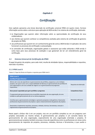 Capítulo 3 – Certificação 16
Capítulo 3
Certificação
Este capítulo apresenta uma breve descrição da certificação universal IPMA em quatro níveis. Fornece
informação sucinta sobre a estrutura para aplicação do NCB versão 3 no sistema de certificação, destinada:
• às Organizações que querem obter informação sobre as oportunidades de certificação de seus
colaboradores;
• aos clientes que querem conhecer as competências avaliadas pelo sistema de certificação de gestores
de projeto da IPMA;
• aos profissionais que querem ter um conhecimento geral de como o NCB Versão 3 é aplicado e de como
funcionam os processos de certificação e autoavaliação;
• às comissões de certificação, organizações globais e assessores que estão utilizando o NCB versão 3
como base para seus processos de avaliação e que gostariam de ter um entendimento geral da
certificação.
3.1 Sistema Universal de Certificação da IPMA
O papel do gestor de projetos, para cada nível, resulta de atividades típicas, responsabilidades e requisitos,
exercidos na prática.
3.1.1 IPMA Level A
Tabela 3.1 Papel do Diretor de Projetos e requisitos para IPMA nível A
IPMA Level A
Certified Project Director
Mínimo de 5 anos de experiência no gerenciamento de portfólios, programas ou de múltiplos
projetos, dos quais 3 anos com a responsabilidade de liderança no gerenciamento do portfólio de
uma organização ou de uma unidade de negócio ou no gerenciamento de programas
importantes.
Requisitos de Admissão
Deve possuir capacidade para gerir portfólios e programas Competência Chave
É responsável pelo gerenciamento de um portfólio importante de uma organização, de uma
unidade ou pelo gerenciamento de um ou vários programas.
Requisitos adicionaisContribui para o gerenciamento estratégico e apresenta propostas à alta gerência. Desenvolve
profissionais de gerenciamento de projetos e apoia o desenvolvimento de gestores de projetos.
Desenvolve e implementa requisitos, processos, métodos, técnicas, ferramentas, manuais e
regulamentos de gerenciamento de projetos.
Neste papel a ênfase não é em um projeto, mas em um portfólio completo ou em um programa com
projetos executados ao mesmo tempo. O gerenciamento por projetos é um conceito básico do
gerenciamento de uma organização, especialmente de uma organização orientada a projetos. O
gerenciamento por projetos também encoraja a troca de experiências entre os profissionais em áreas como
gerenciamento de requisitos de projetos, processos, métodos, técnicas e ferramentas, o que auxilia o
 