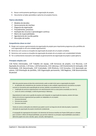 Capítulo 4 – Descrição dos elementos 50
8. Buscar continuamente aperfeiçoar a organização do projeto.
9. Documentar as lições aprendidas e aplicá-las em projetos futuros.
Tópicos abordados
Modelos de decisões
Gerenciamento de interface
Diagrama da organização
Procedimentos, processos
Avaliação dos recursos e aprendizagem contínua
Matriz de responsabilidades
Agendamento de reunião padrão
Descrições de tarefas
Competências-chave no nível
A. Dirigiu com sucesso o gerenciamento da organização do projeto para importantes programas e/ou portfólios de
uma organização ou de uma unidade organizacional.
B. Gerenciou com sucesso as situações da organização do projeto de um projeto complexo.
C. Gerenciou com sucesso as situações da organização do projeto de um projeto com complexidade limitada.
D. Ter o conhecimento necessário com relação ao gerenciamento da organização do projeto e pode aplicá-lo.
Principais relações com
1.02 Partes interessadas, 1.07 Trabalho em equipe, 1.09 Estruturas do projeto, 1.12 Recursos, 1.14
Aquisições & contrato, 1.19 Início, 1.20 Fechamento, 2.01 Liderança, 2.02 Envolvimento & motivação, 2.04
Positividade, 2.05 Descontração, 2.07 Criatividade, 2.09 Eficiência, 2.10 Consultas, 2.14 Apreciação por
valores, 3.03 Orientação do portfólio, 3.05 Organização permanente, 3.06 Negócios, 3.08 Gerenciamento
do pessoal
Além dos possíveis passos já descritos anteriormente, pode-se ainda incluir para a organização do projeto:
• As definições das competências dos membros da equipe ou das unidades organizacionais necessárias ao projeto
inclusive as necessárias para especificação de normas, padrões e procedimentos (ver item 3 e 5);
• A definição da estrutura organizacional e de relacionamento entre as estas partes envolvidas (ver item 5);
• Levar em conta a estratégia, o estilo de governança e liderança;
Dependendo do modo como a gestão de projetos está integrada na organização da empresa, existem três tipos
básicos de estrutura organizacional que podem ser adoptadas em um projeto:
• Estrutura funcional
• Estrutura por projeto
• Estrutura matricial
Tendo em conta as alterações do ambiente que podem ocorrer ao longo do ciclo de vida do projeto, é possível a
alteração da organização do projeto inicialmente estabelecida.
A conjugação do organograma do projeto e de elementos da Estrutura Analítica do Projeto (EAP) pode ser utilizada
para constituir a Matriz de Responsabilidades, que permite evidenciar as principais responsabilidades associadas a
diferentes papéis tais como: decisão, apoio, consulta, informação etc.
 