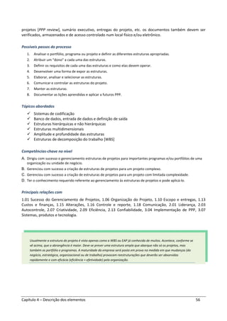 Capítulo 4 – Descrição dos elementos 56
projetos [PPP review], sumário executivo, entregas do projeto, etc. os documentos também devem ser
verificados, armazenados e de acesso controlado num local físico e/ou eletrônico.
Possíveis passos do processo
1. Analisar o portfólio, programa ou projeto e definir as diferentes estruturas apropriadas.
2. Atribuir um “dono” a cada uma das estruturas.
3. Definir os requisitos de cada uma das estruturas e como elas devem operar.
4. Desenvolver uma forma de expor as estruturas.
5. Elaborar, analisar e selecionar as estruturas.
6. Comunicar e controlar as estruturas do projeto.
7. Manter as estruturas.
8. Documentar as lições aprendidas e aplicar a futuros PPP.
Tópicos abordados
Sistemas de codificação
Banco de dados, entrada de dados e definição de saída
Estruturas hierárquicas e não hierárquicas
Estruturas multidimensionais
Amplitude e profundidade das estruturas
Estruturas de decomposição do trabalho [WBS]
Competências-chave no nível
A. Dirigiu com sucesso o gerenciamento estruturas de projetos para importantes programas e/ou portfólios de uma
organização ou unidade de negócio.
B. Gerenciou com sucesso a criação de estruturas de projetos para um projeto complexo.
C. Gerenciou com sucesso a criação de estruturas de projetos para um projeto com limitada complexidade.
D. Ter o conhecimento requerido referente ao gerenciamento às estruturas de projetos e pode aplicá-lo.
Principais relações com
1.01 Sucesso do Gerenciamento de Projetos, 1.06 Organização do Projeto, 1.10 Escopo e entregas, 1.13
Custos e finanças, 1.15 Alterações, 1.16 Controle e reporte, 1.18 Comunicação, 2.01 Liderança, 2.03
Autocontrole, 2.07 Criatividade, 2.09 Eficiência, 2.13 Confiabilidade, 3.04 Implementação de PPP, 3.07
Sistemas, produtos e tecnologia.
Usualmente a estrutura do projeto é vista apenas como a WBS ou EAP já conhecida de muitos. Acontece, conforme se
vê acima, que a abrangência é maior. Deve-se prever uma estrutura ampla que abarque não só os projetos, mas
também os portfólio e programas. A maturidade da empresa será posta em prova na medida em que mudanças (do
negócio, estratégica, organizacional ou de trabalho) provocam reestruturações que deverão ser absorvidas
rapidamente e com eficácia (eficiência + efetividade) pela organização.
 