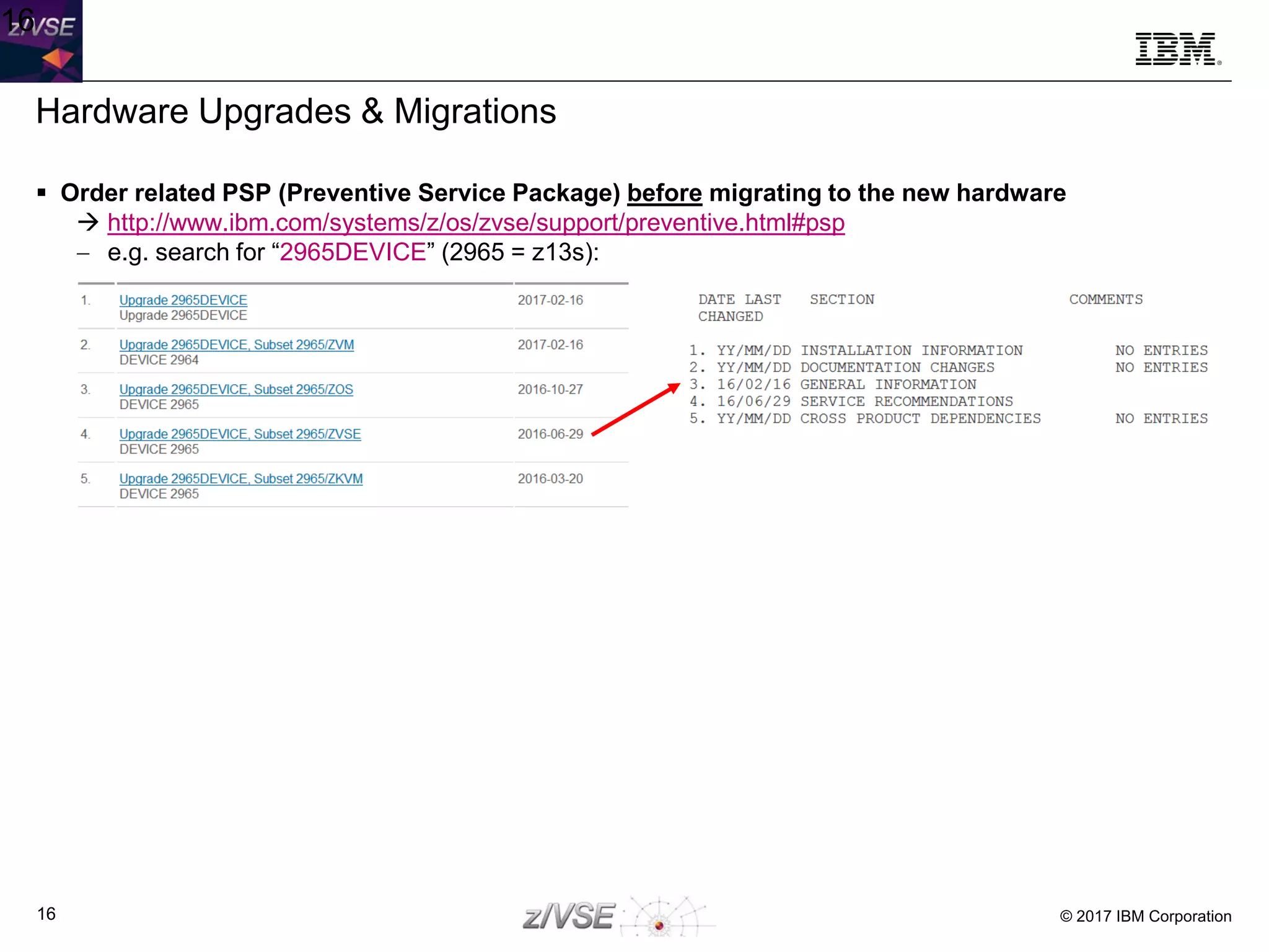 © 2017 IBM Corporation16
 Order related PSP (Preventive Service Package) before migrating to the new hardware
 http://www.ibm.com/systems/z/os/zvse/support/preventive.html#psp
− e.g. search for “2965DEVICE” (2965 = z13s):
Hardware Upgrades & Migrations
16
 