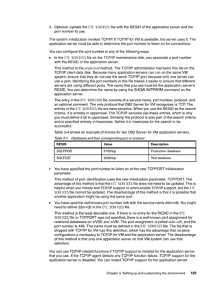 Chapter 3. Setting up and customizing the environment 101
5. Optional: Update the ETC SERVICES file with the RESID of the application server and the
port number to use.
The system initialization invokes TCP/IP. If TCP/IP for VM is available, the server uses it. The
application server must be able to determine the port number to listen on for connections.
You can configure the port number in any of the following ways:
In the ETC SERVICES file on the TCP/IP maintenance disk, you associate a port number
with the RESID of the application server.
This method is the preferred method. The TCP/IP administrator maintains this file on the
TCP/IP client data disk. Because many application servers can run on the same VM
system, ensure that they do not use the same TCP/IP port because only one server can
use a port. Identifying the port numbers in this file makes it easier to ensure that different
servers are using different ports. The name that you use must be the application server’s
RESID. You can determine the name by using the SHOW INITPARM command on the
application server.
The entry in the ETC SERVICES file consists of a service name, port number, protocol, and
an optional comment. The only protocol that DB2 Server for VM recognizes is TCP. The
entries in the ETC SERVICES file are case sensitive. When you use the RESID as the search
criteria, it is entirely in uppercase. The TCP/IP services use these entries, which is why
you must define it all in uppercase. Similarly, the protocol is also part of the search criteria
and is specified entirely in lowercase. Define it in lowercase for the search to be
successful.
Table 3-4 shows an example of entries for two DB2 Server for VM application servers.
Table 3-4 Databases and their corresponding port or protocol
You have specified the port number to listen on at the new TCPPORT initialization
parameter.
This method of port identification uses the new initialization parameter, TCPPORT. The
advantage of this method is that the ETC SERVICES file does not need to be updated. This is
helpful when you initially test TCP/IP support or when enable TCP/IP support, but the ETC
SERVICES file cannot be updated. The disadvantage of this method is that it is possible that
another application might be using the same port.
You have used the well-known port number 446 with the service name ddm-rdb. You might
need to define ddm-rdb in the ETC SERVICES file.
This method is the least desirable one. If there is no entry for the RESID in the ETC
SERVICES file or TCPPORT was not specified, there is a well-known port assignment for
relational databases on z/VSE and z/VM. The port assignment is called ddm-rdb, and the
port number is 446. This name must be defined in the ETC SERVICES file. The file that is
shipped with TCP/IP for VM has this definition, which has the advantage that no extra
configuration is necessary to TCP/IP for VM and the application server. The disadvantage
of this method is that only one application server on that VM system can use that
definition.
You can use TCP/IP-related functions if TCP/IP support is initiated for the application server
that you use. If the TCP/IP agent detects any TCP/IP function failure, TCP/IP support for the
application server is disabled. You can restart TCP/IP support for the application server
RESID Value Description
SQLPROD 6100/tcp Production database
SQLTEST 6200/tcp Test database
 