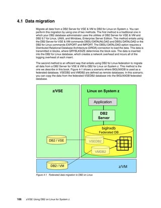 106 z/VSE Using DB2 on Linux for System z
4.1 Data migration
Migrate all data from a DB2 Server for VSE & VM to DB2 for Linux on System z. You can
perform this migration by using one of two methods. The first method is a traditional one in
which your DB2 database administrator uses the utilities of DB2 Server for VSE & VM and
DB2 9.7 for Linux, UNIX, and Windows, Enterprise Server Edition. This method entails using
the DB2 Server for VSE & VM commands DBSU DATAUNLOAD and DBSU DATALOAD or the
DB2 for Linux commands EXPORT and IMPORT. The DBSU DATALOAD option requires a
Distributed Relational Database Architecture (DRDA) connection to load the data. This data is
transmitted in blocks, where QRYBLKSIZE determines the block size. The data is inserted
into the DB2 for Linux database, which creates a network overhead and incurs all of the
logging overhead of each insert.
The second method is an efficient way that entails using DB2 for Linux federation to migrate
all data from a DB2 Server for VSE & VM to DB2 for Linux on System z. This method is the
one we describe in this book. Figure 4-1 shows a scenario where BIGLNXDB is used as a
federated database. VSEDB2 and VMDB2 are defined as remote databases. In this scenario,
you can copy the data from the federated VSEDB2 database into the BIGLNXDB federated
database.
Figure 4-1 Federated data migration to DB2 on Linux
Linux on System zz/VSE
z/VM
Application
biglnxdb
Federated DB
VSEDB2
VMDB2
DB2 / VSE
DB2 / VM
DB2
Server
Linux on System zz/VSE
z/VM
Application
biglnxdb
Federated DB
VSEDB2
VMDB2
DB2 / VSE
DB2 / VM
DB2
Server
 