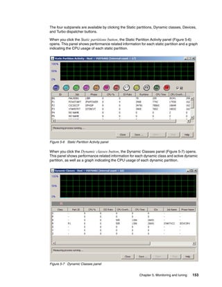 Chapter 5. Monitoring and tuning 153
The four subpanels are available by clicking the Static partitions, Dynamic classes, Devices,
and Turbo dispatcher buttons.
When you click the Static partitions button, the Static Partition Activity panel (Figure 5-6)
opens. This panel shows performance related information for each static partition and a graph
indicating the CPU usage of each static partition.
Figure 5-6 Static Partition Activity panel
When you click the Dynamic classes button, the Dynamic Classes panel (Figure 5-7) opens.
This panel shows performance related information for each dynamic class and active dynamic
partition, as well as a graph indicating the CPU usage of each dynamic partition.
Figure 5-7 Dynamic Classes panel
 
