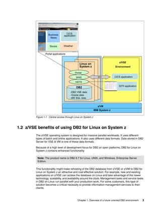 Chapter 1. Overview of a future oriented DB2 environment 3
Figure 1-1 Central access through Linux on System z
1.2 z/VSE benefits of using DB2 for Linux on System z
The z/VSE operating system is designed for massive parallel workloads. It uses different
types of batch and online applications. It also uses different data formats. Data stored in DB2
Server for VSE & VM is one of these data formats.
Because of a high level of development focus for DB2 on open platforms, DB2 for Linux on
System z contains enhanced functionality.
This functionality might make rehosting of the DB2 database from z/VSE or z/VM to DB2 for
Linux on System z an attractive and cost-effective solution. For example, new and existing
applications on z/VSE can access the database on Linux and take advantage of the newer
technology, scalability, and availability around the clock. Management tasks and service tasks
in DB2 on Linux run parallel with your production work. For some customers, this type of
solution becomes a critical necessity to provide information management services to their
clients.
IBM System z
z/VM
z/VSE
Environment
Linux on
System z
HATS
SOAWAS
DB2
-DB2 VSE data
-Oracle data
-MS SQL data
3270 application
CICS application
Portal applications
CICS
application
WeatherStocks
Business
News
Portal
IBM System z
z/VM
z/VSE
Environment
Linux on
System z
HATSHATS
SOAWASWAS
DB2
-DB2 VSE data
-Oracle data
-MS SQL data
3270 application
CICS application
Portal applications
CICS
application
WeatherStocks
Business
News
PortalPortal
Note: The product name is DB2 9.7 for Linux, UNIX, and Windows, Enterprise Server
Edition.
 