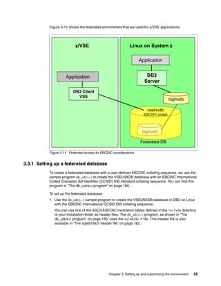 Chapter 3. Setting up and customizing the environment 55
Figure 3-11 shows the federated environment that we used for z/VSE applications.
Figure 3-11 Federated access for EBCDIC considerations
3.3.1 Setting up a federated database
To create a federated database with a user-defined EBCDIC collating sequence, we use the
sample program db_udcs.c to create the VSELNXDB database with an EBCDIC International
Coded Character Set Identifier (CCSID) 500 standard collating sequence. You can find this
program in “The db_udcs.c program” on page 180.
To set up the federated database:
1. Use the db_udcs.c sample program to create the VSELNXDB database in DB2 on Linux
with the EBCDIC International CCSID 500 collating sequence.
You can use one of the ASCII-EBCDIC translation tables defined in the include directory
of your installation folder as header files. The db_udcs.c program, as shown in “The
db_udcs.c program” on page 180, uses the sqle819a.h file. This header file is also
available in “The sqle819a.h header file” on page 182.
DB2 Client
VSE
Linux on System z
Application
z/VSE
Application
Federated DB
vselnxdb
EBCDIC sorted
biglnxdb
DB2
Server
biglnxdb
DB2 Client
VSE
Linux on System z
Application
z/VSE
Application
Federated DB
vselnxdb
EBCDIC sorted
biglnxdb
DB2
Server
biglnxdb
 