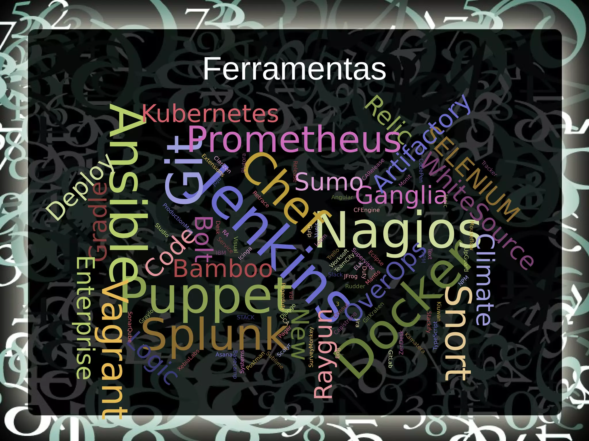 Ferramentas
Code
Text
Jenkins
Git
D
ocker
Puppet
Ansible
Nagios
Splunk
Chef
Vagrant
Snort
Gradle
Bamboo
Kubernetes
Raygun
W
hiteSource
Bolt Ganglia
Sumo
Logic
O
verO
ps
Climate
New
Relic
Enterprise
D
eploy
3
Consul
Stackify
Retrace
CFEngine
Capistrano
M
onit
Supervisor
Icinga
APM
Juju
ProductionM
ap
Scalyr
Rudder
G
raylog
UpGuard
W
orksoft
Kam
atera
Kiuwan
Pagerduty
Gulp
IRA
Eclipse
SonarQube
JFrog
IBM
CARelease
RA
ELK
STACK
CodePen
TypeScript
Vuejs
Angular
Ionic
D
jango
Team
City
Sublim
e
Postm
an
Extensions
CA
Release
XebiaLabs
Pager
Duty
Plutora Loom
Systems
Clarizen
Slack
Basecamp
Asana
N
PM
G
itKraken
Visual
Studio
GitLab
Trello
Mouseflow
SurveyMonkey
Jira
Service
Desk
M
antis
Bug
Tracker
ZenDesk
SELEN
IU
M
Artifactory
Prometheus
 