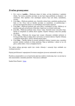 Zvučna pranayama:
1. Prvi zvuk je Aaahhh… Obuhvaća donje tri čakre, od dna kralježnice i područje
trbuha. Taj zvuk je posebno povoljan za one koji imaju problema sa disanjem i za
asmatičare. Dok ispuštate zvuk zamišljajte sunčeve boje (od zlatne, narandžaste,
crvene).
2. Zvuk Juu… Obuhvaća područje srca. Zamislite zelenu boju u području grudnog koša
kako se širi. Ovaj zvuk je također povoljan za asmatičare, za prošišćavanje i
povećavanje kapaciteta pluća te za oslobađanje emocionalne napetosti.
3. Zvuk Soo… Obuhvaća područje grla, petu čakru i svjetloplave je boje. Odličan je za
pročišćavanje grla od nečistoća, čistiji glas i ljepši ton, te za bolje izražavanje.
4. Zvuk Iii… Obuhvaća područje očiju, sinusa i ušiju. Zamislite razne vrste plave boje.
Široko se osmjehnite sa zubima skoro zajedno. Osjetite vibraciju zvuka kroz prednji
dio glave.
5. Zvuk San… Obuhvaća dio mozga koji svojom vibracijom oslobađa nečistoće iz
krvnog protoka. Boja je indigo plava i povezan je sa šestom čakrom. Osjetite vibraciju
u stražnjem dijelu glave. Jezik je okrenut prema nepcu.
6. Zvuk Sam… Također djeluje na mozak, poboljšava oštrinu i jasnoću uma, a posebno
pomaže starijim osobama za bolje pamćenje. Boja je ljubičasta i odnosi se na vrh
glave, sedmu čakru. Usne su skupljene kod m.
Već nakon jednog pjevanja osjetit ćete visoke vibracije i senzacije koje oslobađa ova
zvučnapranayama.
Osjećaj pročišćenosti i napunjenosti životnom energijom (pranom) automatski se odvija.
Posebno je preporučljivo za sve koji koriste glas kao sredstvo izražavanja, kao i za one koji se
žele emocionalno i mentalno pročistiti. Vaša aura će zablistati!
Sandra Petra Pintarić / Atma
 