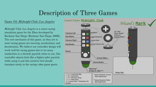Description of Three Games
Game #2: Midnight Club: Los Angeles
Midnight Club: Los Angeles is a street racing
simulation game for the Xbox developed by
Rockstar San Diego (Rockstar San Diego, 2008).
The core mechanics of this game, as they are in
most racing games are steering, acceleration, and
deceleration. We believe our controller design will
work well for racing games due to its many
similarities to a throttle joystick when in use. Our
controller almost feels like a fighter pilot joystick
while using it and this intuitive feel should
translate nicely to the racing video game genre.
 