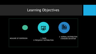 Learning Objectives
MEASURE OF DISPERSION 1- RANG
2-FREQUENCY DISTRIBUTION
2- NORMAL DISTRIBUTION
STANDARD DEVIATION
 