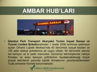 • İstanbul Park Transport Akaryakıt Turizm İnşaat Sanayi ve
Ticaret Limited Şirketitarafından 1 Aralık 2006 tarihinde işletmeye
açılan Orhanlı Lojistik Merkezi’nde 40 dönümlük sosyal tesisler ve
105 adet nakliye şirketlerine ait uygun ofisler, 60 dönümlük alanda
ise kamyon ve tır parkı mevcuttur. Günümüz teknolojisinde nakliye
firmaları ve aracı kamyon şoförlerinin faydalanabileceği birçok
sosyal aktivitenin yanında lojistik firmalarının yararlanabilecekleri
Tuzla ambarlar hizmeti bulunmaktadır.
AMBAR HUB’LARI
 