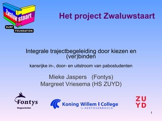 Het project Zwaluwstaart Integrale trajectbegeleiding door kiezen en (ver)binden kansrijke in-, door- en uitstroom van pabostudenten Mieke Jaspers  (Fontys) Margreet Vriesema (HS ZUYD) 