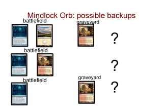 Mindlock Orb: possible backups
battlefield    graveyard


                            ?
battlefield


                            ?
                graveyard
battlefield
                            ?
 