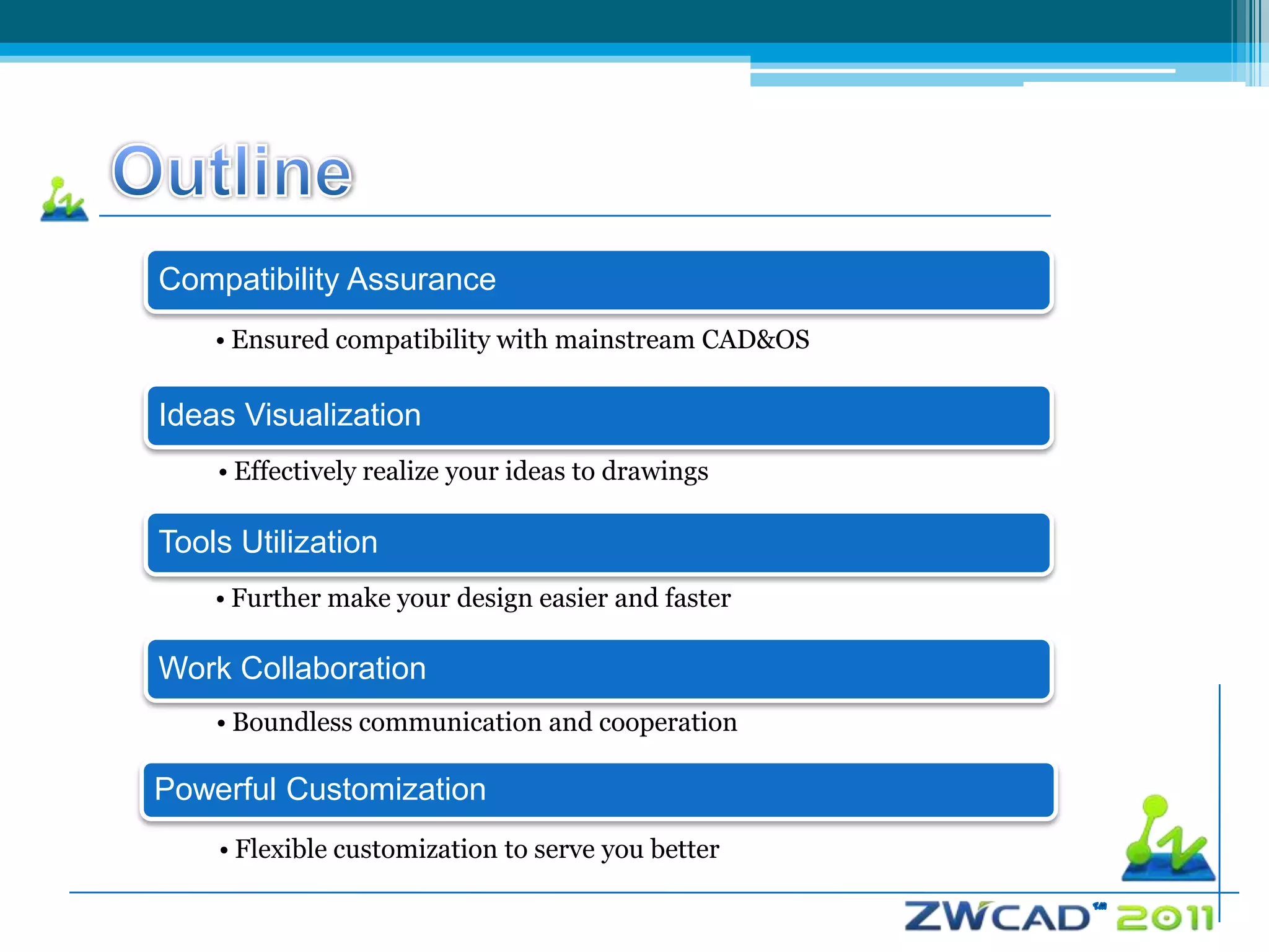 Compatibility Assurance
    • Ensured compatibility with mainstream CAD&OS

Ideas Visualization
    • Effectively realize your ideas to drawings

Tools Utilization
    • Further make your design easier and faster

Work Collaboration
    • Boundless communication and cooperation

Powerful Customization
    • Flexible customization to serve you better
 