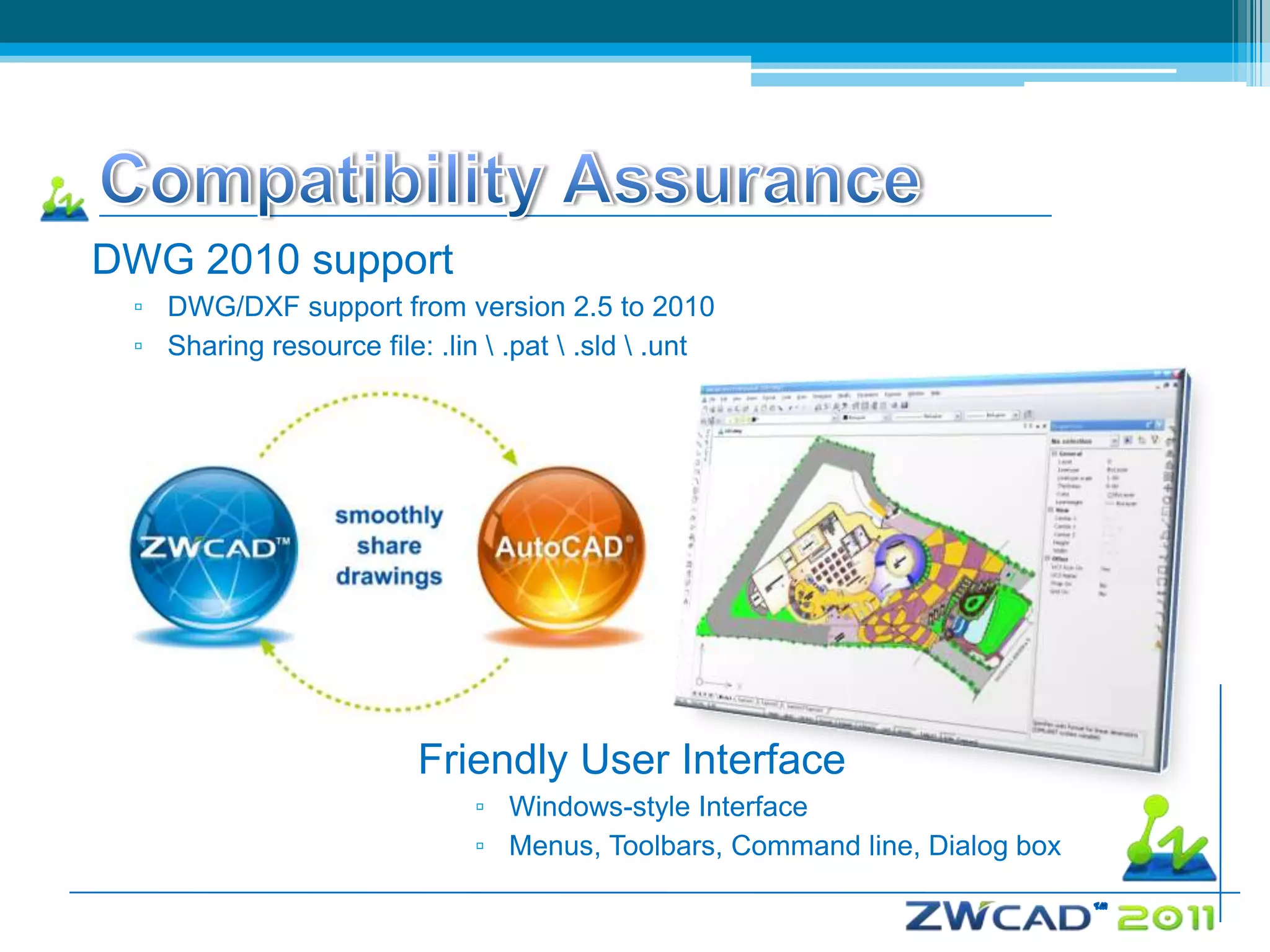 DWG 2010 support
 ▫ DWG/DXF support from version 2.5 to 2010
 ▫ Sharing resource file: .lin  .pat  .sld  .unt




                         Friendly User Interface
                              ▫ Windows-style Interface
                              ▫ Menus, Toolbars, Command line, Dialog box
 