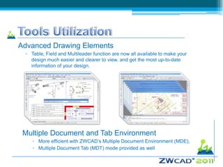 Advanced Drawing Elements
 ▫ Table, Field and Multileader function are now all available to make your
   design much easier and clearer to view, and get the most up-to-date
   information of your design.




 Multiple Document and Tab Environment
    ▫ More efficient with ZWCAD’s Multiple Document Environment (MDE),
    ▫ Multiple Document Tab (MDT) mode provided as well
 