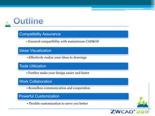 Compatibility Assurance
    • Ensured compatibility with mainstream CAD&OS

Ideas Visualization
    • Effectively realize your ideas to drawings

Tools Utilization
    • Further make your design easier and faster

Work Collaboration
    • Boundless communication and cooperation

Powerful Customization
    • Flexible customization to serve you better
 