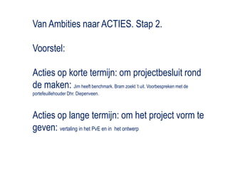 Van Ambities naar ACTIES. Stap 2.Voorstel:Acties op korte termijn: om projectbesluit rond de maken: Jim heeft benchmark. Bram zoekt ‘t uit. Voorbespreken met de portefeuillehouder Dhr. Diepenveen.Acties op lange termijn: om het project vorm te geven: vertaling in het PvE en in  het ontwerp