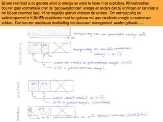 Bij een zwembad is de grootste winst op energie en water te halen in de exploitatie. Klimaatneutraal bouwen gaat voornamelijk over de “gebouwgebonden” energie en anders dan bij woningen en kantoren is dat bij een zwembad laag. IN het dagelijks gebruik ontstaan de winsten.  Om energiezuinig en waterbesparend te KUNNEN exploiteren moet het gebouw wel aan excellente energie en watereisen voldoen. Dan kan een ambitieuze doelstelling met duurzaam management  worden gehaald……
