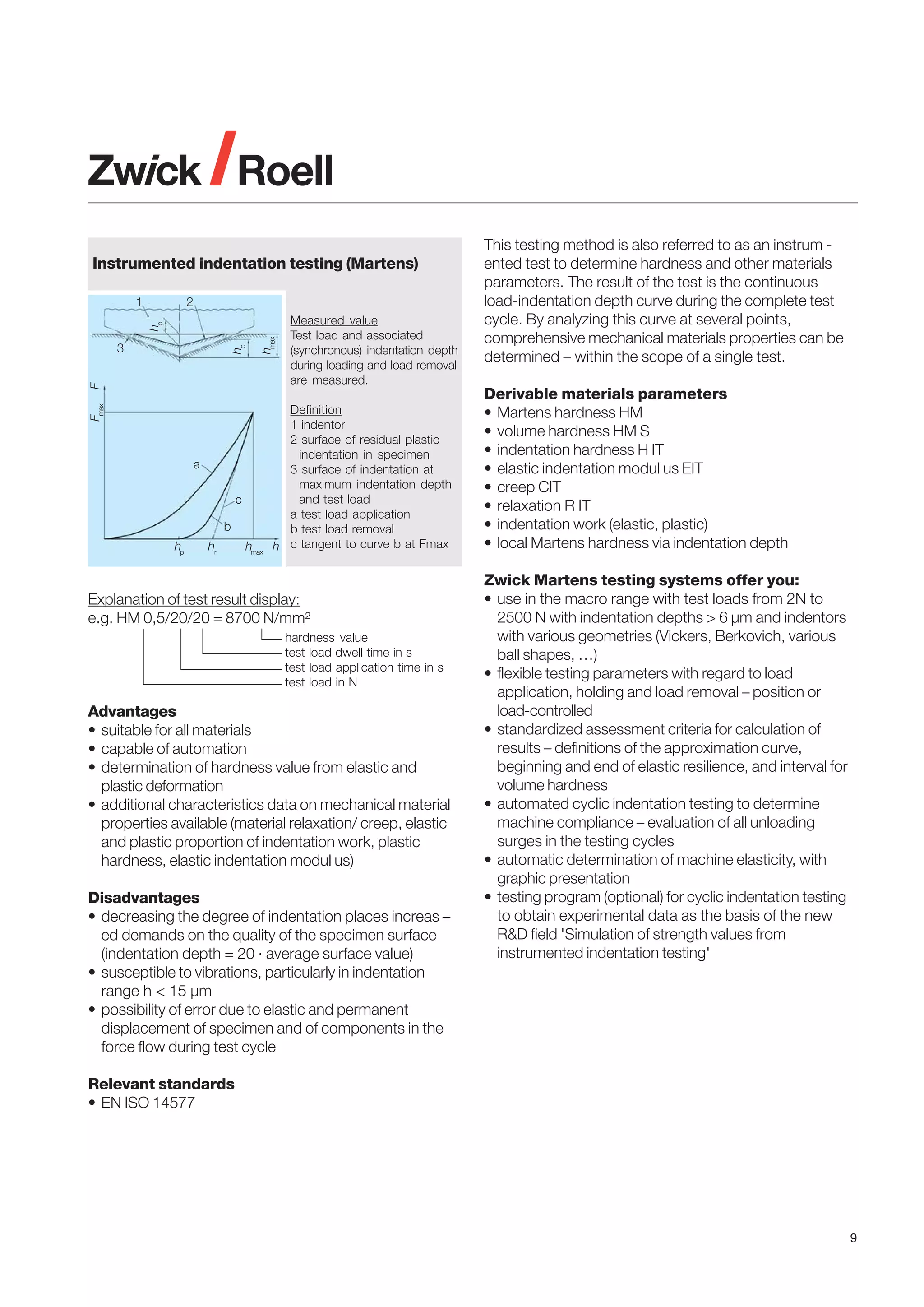 Instrumented indentation testing (Martens)
2

Fmax

F

hc

3

hmax

hp

1

a
c
b

hp

hr

hmax

Measured value
Test load and associated
(synchronous) indentation depth
during loading and load removal
are measured.

Definition
1 indentor
2 surface of residual plastic
indentation in specimen
3 surface of indentation at
maximum indentation depth
and test load
a test load application
b test load removal
h c tangent to curve b at Fmax

Explanation of test result display:
e.g. HM 0,5/20/20 = 8700 N/mm²
hardness value
test load dwell time in s
test load application time in s
test load in N

Advantages
• suitable for all materials
• capable of automation
• determination of hardness value from elastic and
plastic deformation
• additional characteristics data on mechanical material
properties available (material relaxation/ creep, elastic
and plastic proportion of indentation work, plastic
hardness, elastic indentation modul us)
Disadvantages
• decreasing the degree of indentation places increas –
ed demands on the quality of the specimen surface
(indentation depth = 20 · average surface value)
• susceptible to vibrations, particularly in indentation
range h < 15 µm
• possibility of error due to elastic and permanent
displacement of specimen and of components in the
force flow during test cycle

This testing method is also referred to as an instrum ented test to determine hardness and other materials
parameters. The result of the test is the continuous
load-indentation depth curve during the complete test
cycle. By analyzing this curve at several points,
comprehensive mechanical materials properties can be
determined – within the scope of a single test.
Derivable materials parameters
• Martens hardness HM
• volume hardness HM S
• indentation hardness H IT
• elastic indentation modul us EIT
• creep CIT
• relaxation R IT
• indentation work (elastic, plastic)
• local Martens hardness via indentation depth
Zwick Martens testing systems offer you:
• use in the macro range with test loads from 2N to
2500 N with indentation depths > 6 µm and indentors
with various geometries (Vickers, Berkovich, various
ball shapes, …)
• flexible testing parameters with regard to load
application, holding and load removal – position or
load-controlled
• standardized assessment criteria for calculation of
results – definitions of the approximation curve,
beginning and end of elastic resilience, and interval for
volume hardness
• automated cyclic indentation testing to determine
machine compliance – evaluation of all unloading
surges in the testing cycles
• automatic determination of machine elasticity, with
graphic presentation
• testing program (optional) for cyclic indentation testing
to obtain experimental data as the basis of the new
R&D field 'Simulation of strength values from
instrumented indentation testing'

Relevant standards
• EN ISO 14577

9

 