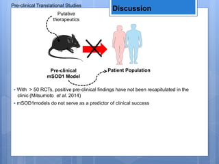 • With > 50 RCTs, positive pre-clinical findings have not been recapitulated in the
clinic (Mitsumoto et al. 2014)
Pre-clinical
mSOD1 Model
Patient Population
Putative
therapeutics
• mSOD1models do not serve as a predictor of clinical success
Pre-clinical Translational Studies
Discussion
 