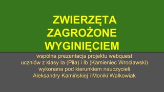 ZWIERZĘTA
ZAGROŻONE
WYGINIĘCIEM
wspólna prezentacja projektu webquest
uczniów z klasy Ia (Piła) i Ib (Kamieniec Wrocławski)
wykonana pod kierunkiem nauczycieli
Aleksandry Kamińskiej i Moniki Walkowiak
 