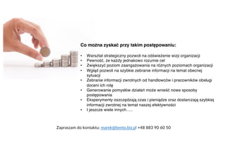 Co można zyskać przy takim postępowaniu:
• Warsztat strategiczny pozwoli na odświeżenie wizji organizacji
• Pewność, że każdy jednakowo rozumie cel
• Zwiększyć poziom zaangażowania na różnych poziomach organizacji
• Wgląd pozwoli na szybkie zebranie informacji na temat obecnej
sytuacji
• Zebranie informacji zwrotnych od handlowców i pracowników obsługi
doceni ich rolę
• Generowanie pomysłów działań może wnieść nowe sposoby
postępowania
• Eksperymenty oszczędzają czas i pieniądze oraz dostarczają szybkiej
informacji zwrotnej na temat naszej efektywności
• I jeszcze wiele innych…..
Zapraszam do kontaktu: marek@bento.biz.pl +48 883 90 60 50
 