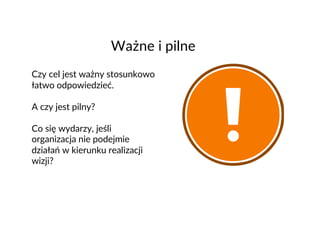 Ważne i pilne
Czy cel jest ważny stosunkowo
łatwo odpowiedzieć.
A czy jest pilny?
Co się wydarzy, jeśli
organizacja nie podejmie
działań w kierunku realizacji
wizji?
 