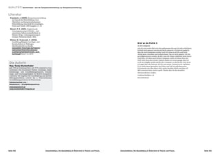 QUALITÄT I Muckenhuber I Von der Kompetenzfeststellung zur Kompetenzorientierung

Literatur
  Erpenbeck, J. (2009), Kompetenzentwicklung
    als Zukunft der Weiterbildung (Vom
    Oberlehrer zur Kompetenzhebamme).
    Weiterbildung, Zeitschrift für Grundlagen,
    Praxis und Trends. 2009 Ausgabe 2, S. 6f
  Weinert, F. E. (2001), Vergleichende
    Leistungsmessung in Schulen – eine
    umstrittene Selbstverständlichkeit; in
   Weinert (Hrsg.): Leistungsmessung in
    Schulen, Weinheim/Basel:. Beltz
  Winkler, M. / Kratochwil, S. (2002),
    Ausbildungsfähigkeit von Regel- und
    Berufsschülern in Thüringen.                                                                                                             Brief an die Politik 3
    Abschlussbericht zur Studie                                                                                                              An die Geldgeber,
    www.wahlen-thueringen.de/imperia/                                                                                                        wie ich zum ersten Mal zum Kurs gekommen bin war ich sehr schüchtern.
    md/content/tkm/informationen/                                                                                                            Ich hab nicht gewusst was da auf mich zukommt. Ich hab mir gedacht,
    ausbildungsfaehigkeit/studie_ausb_                                                                                                       dass die mich auslachen werden, weil ich schon so alt bin und nicht
    textteil.pdf Stand: 15.2.2010                                                                                                            richtig lesen, schreiben und rechnen kann. Das ist nicht passiert. Ich bin
                                                                                                                                             gut aufgenommen worden. Je öfter man die Dinge wiederholt desto besser
                                                                                                                                             wird man. Ich hätte auch keinen Computer, wenn ich diesen Kurs bei
                                                                                                                                             ISOP nicht besuchen würde. Daheim haben sie immer gesagt, dass ich
 Die Autorin                                                                                                                                 es eh nie schaffen werde und für den Computer zu dumm bin. Jetzt lerne
                                                                                                                                             ich sogar über das Internet. Ich bin mit meiner Trainerin sehr zufrieden.
 Mag.a Sonja Muckenhuber                                                                                                                     Es ist vieles besser geworden wie früher und ich bin selbstbewusster.
 geb. 1954 in Grünburg/Steyr, seit 1975 wohnhaft in Linz,                                                                                    Ich wünsche mir, dass dieser Kurs weiter bestehen bleibt und dass ich
 verheiratet, drei erwachsene Töchter. Soziologin, Alpha-                                                                                    öfter kommen kann, wenn es geht. Danke, dass Sie das bezahlen.
 betisierungs- und Grundbildungstrainerin, Entwick-
                                                                                                                                             Mit freundlichen Grüßen
 lungs- und Forschungstätigkeit im Bereich kompetenz-
 orientierte EB-Angebote für Grundbildung und mittlere                                                                                       Gottfried Kohlfürst, 40
 Bildungsabschlüsse, Leiterin des 1.  Österreichischen                                                                                       Kursteilnehmer
 Grundbildungszentrums im Wissensturm.
 Volkshochschule Linz —
 Wissensturm — Grundbildungszentrum
 www.wissensturm.at
 sonja.muckenhuber@mag.linz.at




Seite 152                                       Zwischenbilanz. Die Basisbildung in Österreich in Theorie und Praxis.   Zwischenbilanz. Die Basisbildung in Österreich in Theorie und Praxis.                             Seite 153
 