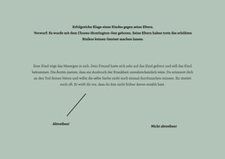 Euer Kind trägt das Marergen in sich. Dein Freund hatte sich sehr auf das Kind gefreut und will das Kind
bekommen. Die Ärztin meinte, dass ein Ausbruch der Krankheit unwahrscheinlich wäre. Du erinnerst dich
an den Tod deines Vaters und willst die selbe Sache nicht noch einmal durchmachen müssen. Ihr streitet
euch oft. Er wirft dir vor, dass du ihm nicht früher davon erzählt hast.
Abtreiben!
Nicht abtreiben!
Erfolgreiche Klage eines Kindes gegen seine Eltern.
Vorwurf: Es wurde mit dem Chorea-Huntington-Gen geboren. Seine Eltern haben trotz des erhöhten
Risikos keinen Gentest machen lassen.
 