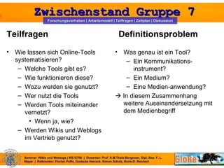 Teilfragen Definitionsproblem Wie lassen sich Online-Tools systematisieren? Welche Tools gibt es? Wie funktionieren diese? Wozu werden sie genutzt? Wer nutzt die Tools Werden Tools miteinander vernetzt? Wenn ja, wie? Werden Wikis und Weblogs im Vertrieb genutzt? Was genau ist ein Tool? Ein Kommunikations-instrument? Ein Medium? Eine Medien-anwendung?    In diesem Zusammenhang weitere Auseinandersetzung mit dem Medienbegriff 