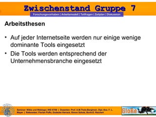 Arbeitsthesen Auf jeder Internetseite werden nur einige wenige dominante Tools eingesetzt Die Tools werden entsprechend der Unternehmensbranche eingesetzt 