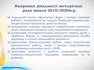  подальший пошук ефективних форм і методів виховної
роботи у відповідності до завдань Концепції національно-
патріотичного виховання дітей та молоді;
 методичний супровід діяльності педагогічного колективу
щодо подальшого розвитку умов інклюзивного навчання;
 активізація експериментальної діяльності творчої групи з
проблеми «Пошук та запровадження ефективних засобів
навчання в аспекті інноваційної діяльності»;
 проведення консультативної роботи серед педагогічної
громадськості району, міста з питань запровадження
інклюзивного навчання дітей з ООП;
 підготовка педагогів з проблем психології, надання
психолого-педагогічної підтримки вихованцям та їх
родинам.
19
 