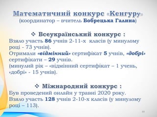Взяло участь 86 учнів 2-11-х класів (у минулому
році - 73 учнів).
Отримали «відмінний» сертифікат 5 учнів, «добрі»
сертифікати – 29 учнів.
(минулий рік – «відмінний сертифікат – 1 учень,
«добрі» - 15 учнів).
Був проведений онлайн у травні 2020 року.
Взяло участь 128 учнів 2-10-х класів (у минулому
році – 113).
(координатор – вчитель Бобрецька Галина)
69
 