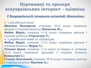 У Всеукраїнській інтернет–олімпіаді «Всеосвіта»:
 з англійської мови:
Матіяш Катерина, учениця 10-А класу отримала
диплом І ступеня (вчитель Пневська Н.);
Федак Марія, учениця 11-А класу отримала диплом І
ступеня (вчитель Стрельчук Т.)
 з української мови та літератури:
Федак Марія, учениця 11-А класу отримала диплом І
ступеня (вчитель Фурда І.);
Ткачик Ірина, учениця 11-А класу та Карпа А, учениця
11-А класу отримали дипломи І ступеня (вчитель
Ковальчук І.);
Гілета Анастасія учениця 10-А класу отримала диплом
І ступеня (вчитель Пантюк Л.);
77
 