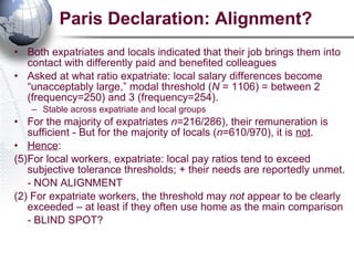 Paris Declaration: Alignment? Both expatriates and locals indicated that their job brings them into contact with differently paid and benefited colleagues  Asked at what ratio expatriate: local salary differences become “unacceptably large,” modal threshold ( N  = 1106) = between 2 (frequency=250) and 3 (frequency=254).  Stable across expatriate and local groups For the majority of expatriates  n =216/286), their remuneration is sufficient - But for the majority of locals ( n =610/970), it is  not .  Hence : For local workers, expatriate: local pay ratios tend to exceed subjective tolerance thresholds; + their needs are reportedly unmet. - NON ALIGNMENT (2) For expatriate workers, the threshold may  not  appear to be clearly exceeded – at least if they often use home as the main comparison - BLIND SPOT? 